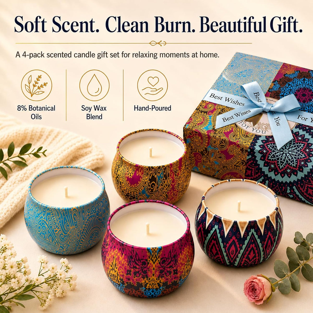 Scented Candles Gift Set for Women, 4 Pack Soy Wax Candles for Home Scented