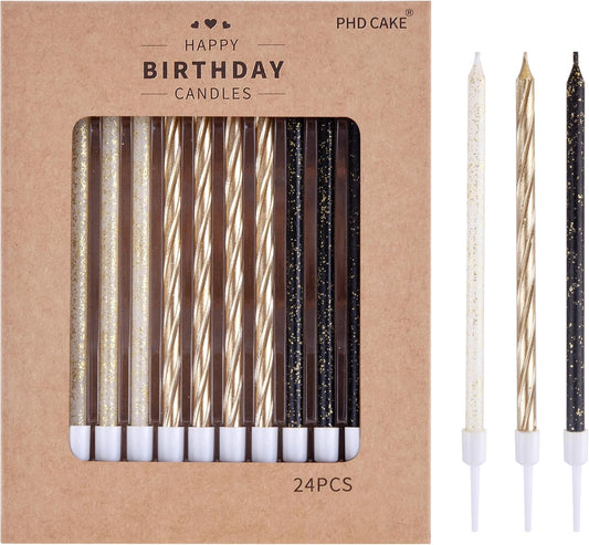 PHD CAKE Gold, Black, White Long Thin Birthday Candles, Cake Candles, Birthday Parties, Wedding Decorations, Party Candles