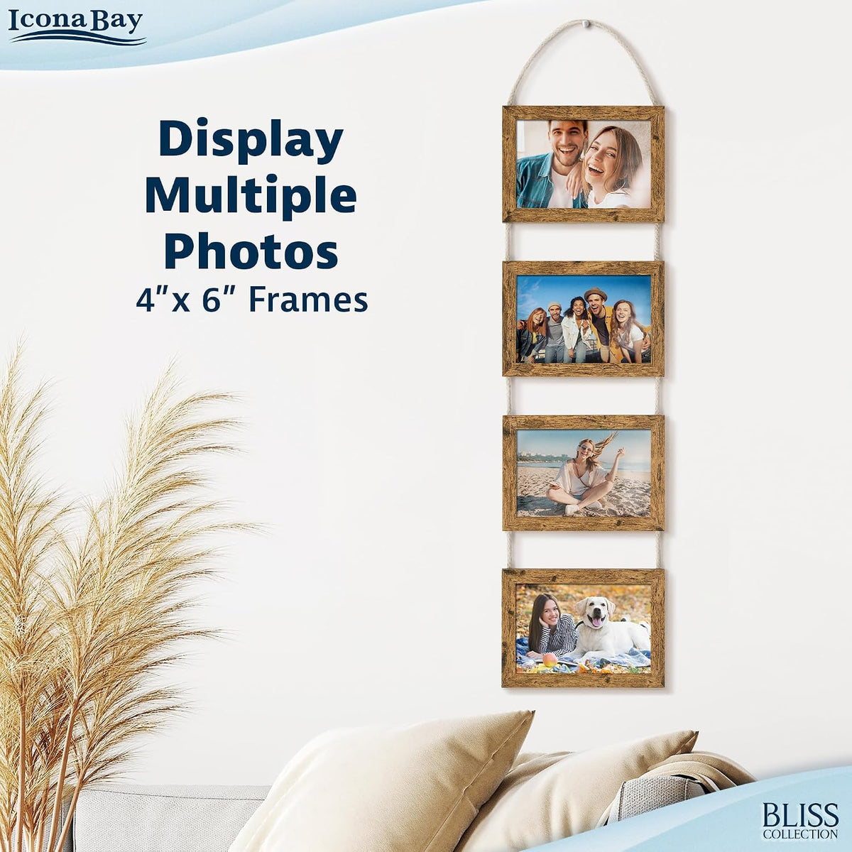 4x6 Wall Hanging Picture Frame 4 Opening Collage, Rustic Brown, Bliss