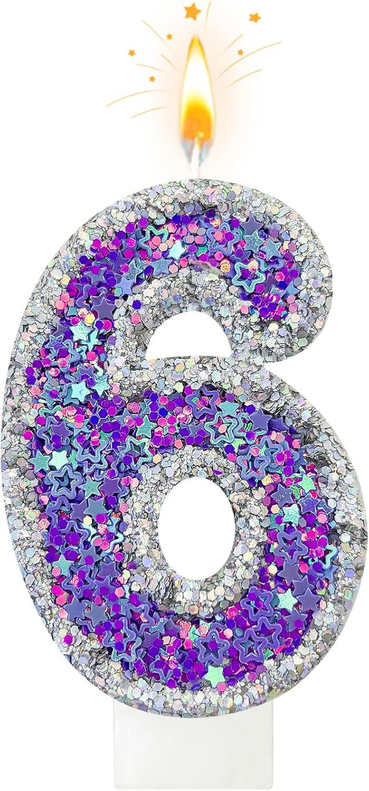 K-pop Number 6 Birthday Candle, Star Glitter Filled Number Candle, Purple Silver Fantasy Cake Topper for Birthday Party Decoration