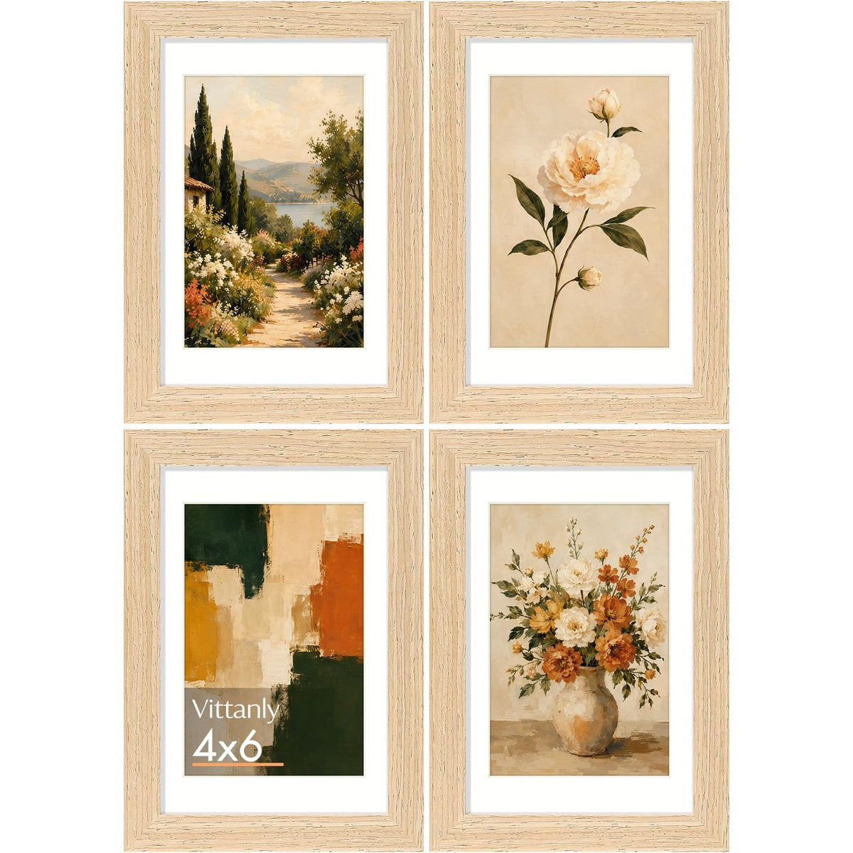 Vittanly Solid Wood 8x10 Picture Frame with Mat, Natural, 4 Pack