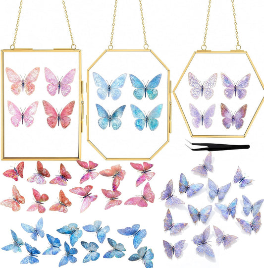 FOCHIER F Pressed Flower Frames with Tweezers,Wall Hanging Double Glass Frames with Metal Chain for Pressed Dried Flowers,Gold Picture Frame with Plants Golden Tabletop Décor, Horizontal and Vertical