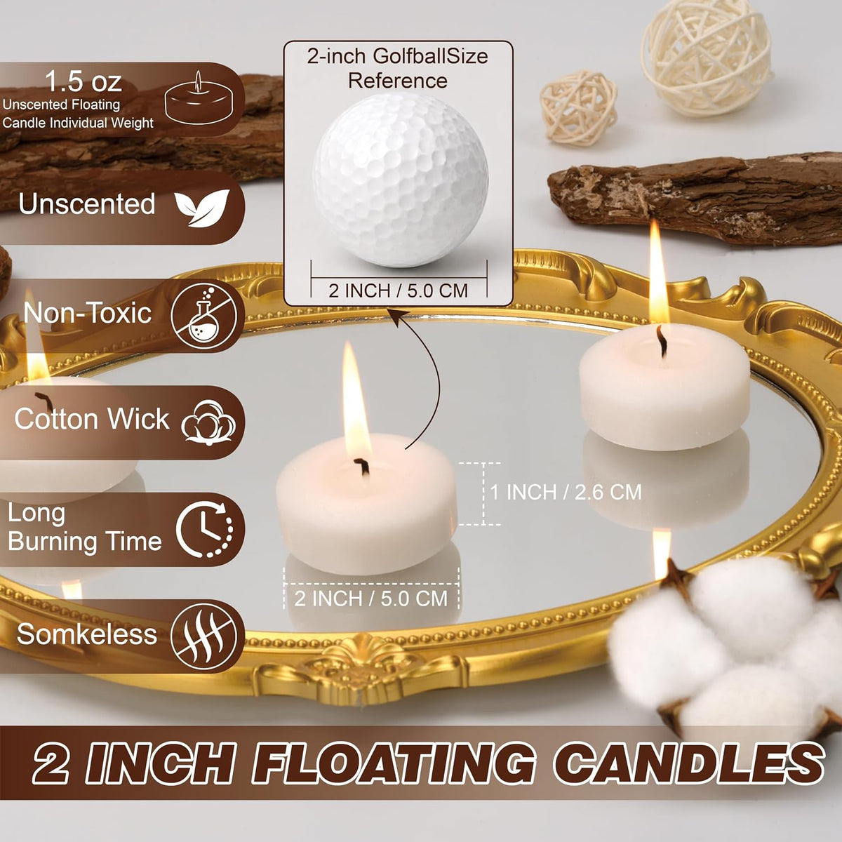 Floating Candles 2-Inch - 12 Pack White Unscented Floating Candles Smokeless Slow Burning Water Candle Set for Centerpieces Wedding Party Gifts Home Decor