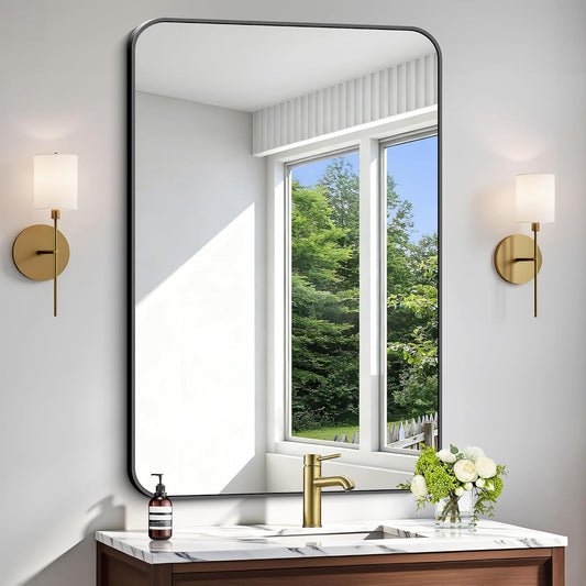 Black Bathroom Mirror, 28x42 inch Aluminum Metal Frame Rectangular Vanity Mirror, Wall Mounted Rectangle Mirrors with Rounded Corner for Bedroom Living Room Hangs Horizontal Or Vertical