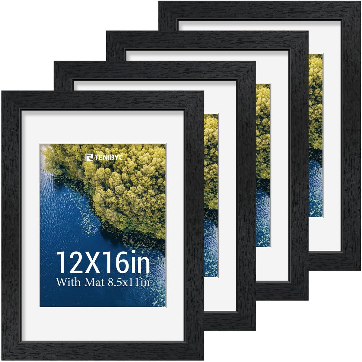 11x14 Picture Frame 4 Pack, 8x10 Mat, Black Wood, Glass, for Photo