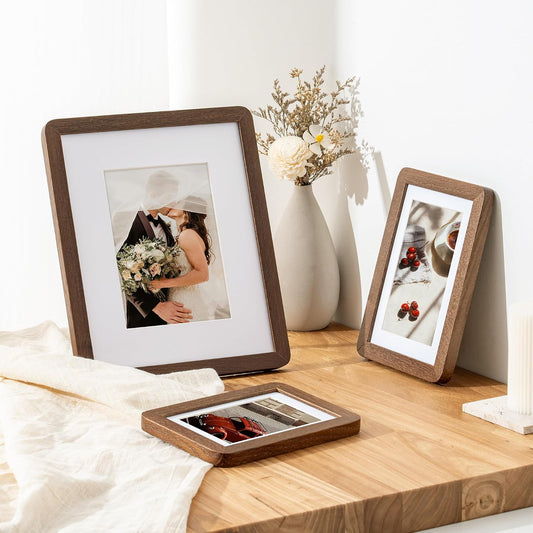 FLYJOE 8x10 Solid Oak Wood Photo Frame | 8x10 Picture Frame With Mat For 5x7 | Plexiglas And Hanging Hardware Included | Walnut Wood (1 Pack)