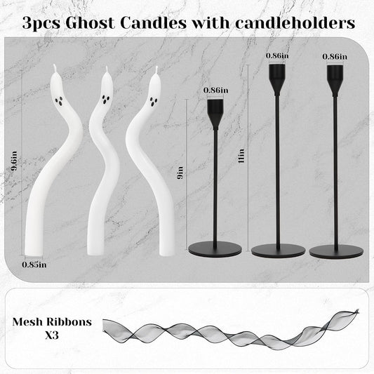 AYGXU Halloween Decorations indoor-3Pcs Twisting Ghost Candles Decor with Candle Holders,Ribbons,Vintage Candlestick Holders Decoration,Halloween centerpieces for Party Table Fireplace Decorations