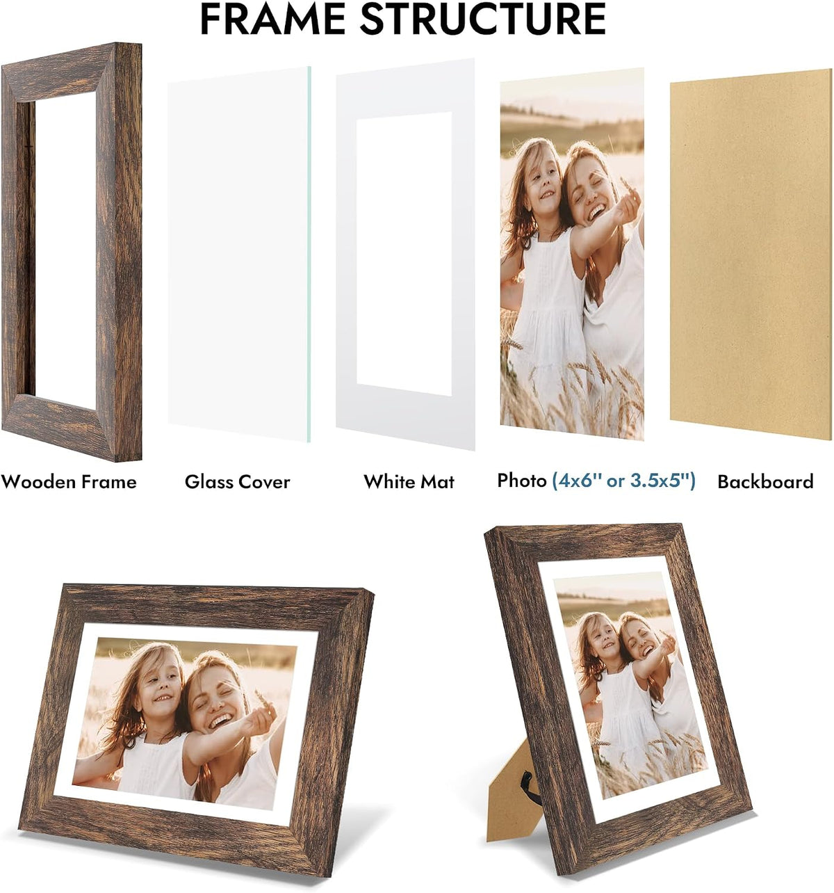 Hongkee 4x6 Picture Frame with Real Glass Wood Frame, 1 Pack (Mat 3.5x5)