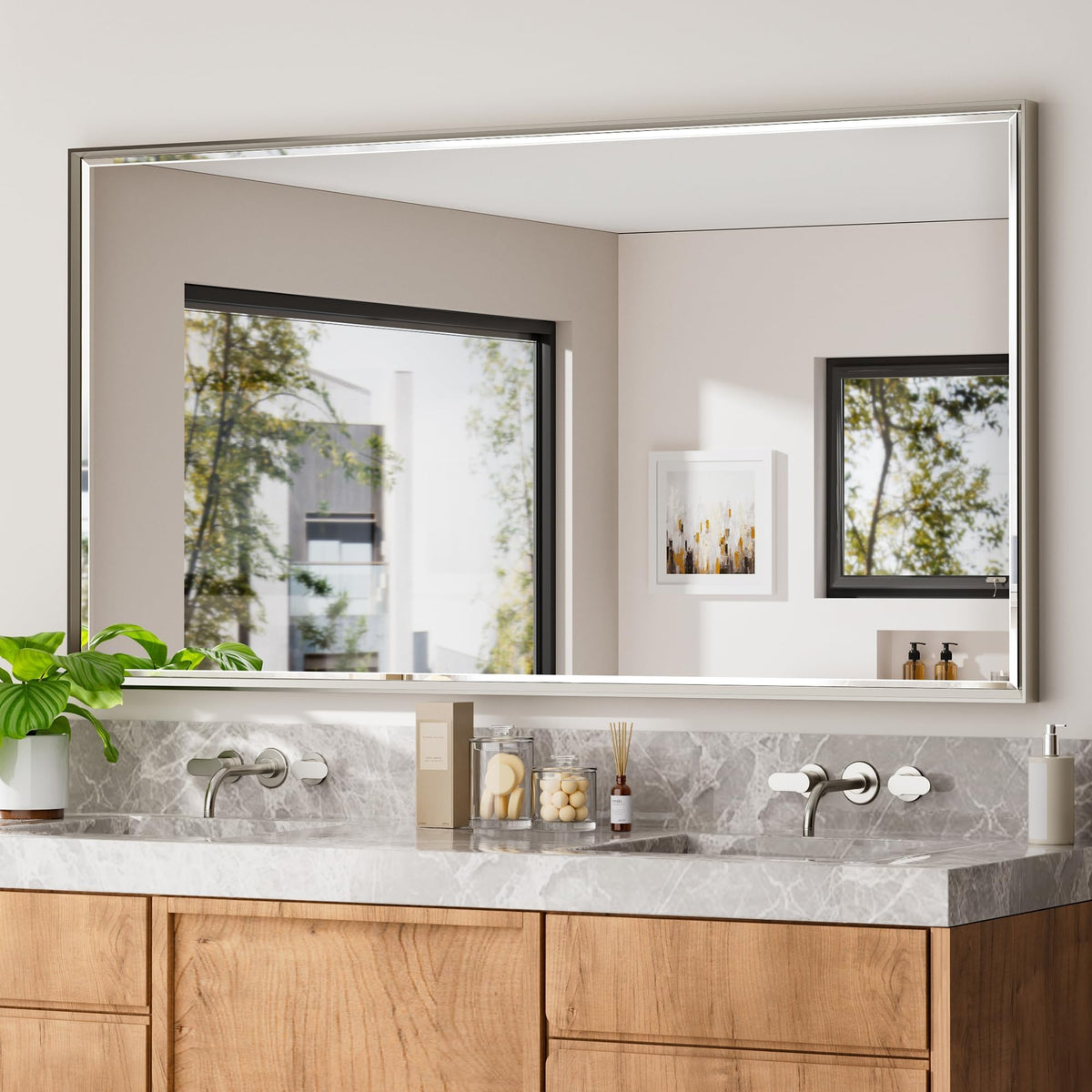 Brushed Nickel Bathroom Mirror, 24x32 Inch Beveled Framed Bathroom Mirror Anti-Rust, Brushed Nickel Metal Frame Bathroom Vanity Mirror for Wall, Vertical/Horizontal Wall-Mounted Mirrors