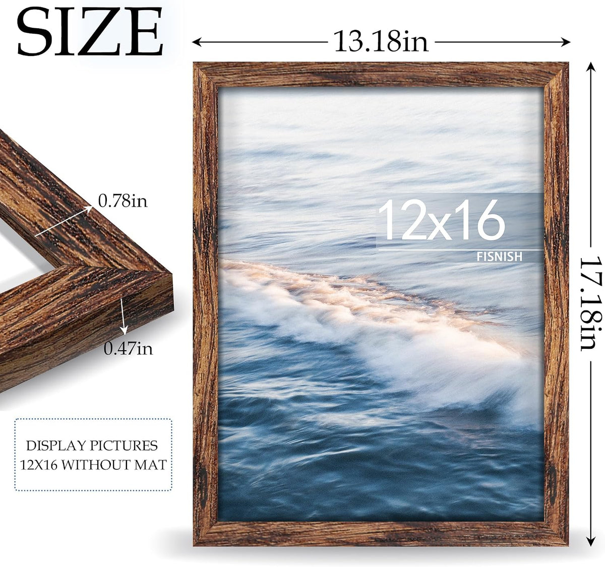 12x16 Picture Frame Brown, Classic Poster Frame for Wall Mounting