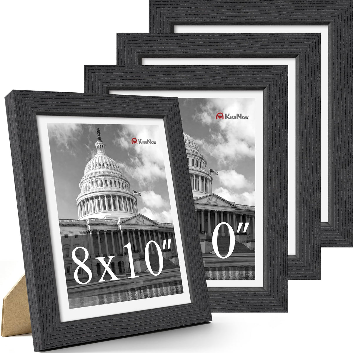 8x10 Picture Frame 4 Pack, Black Solid Wood, Wall or Tabletop