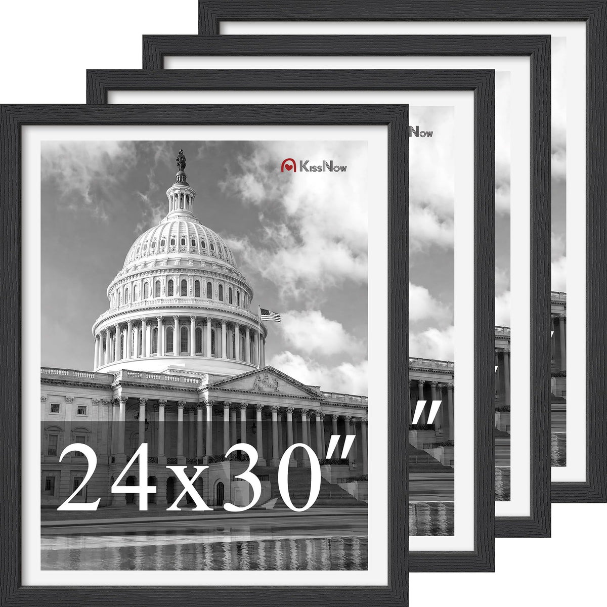 8x10 Picture Frame 4 Pack, Black Solid Wood, Wall or Tabletop
