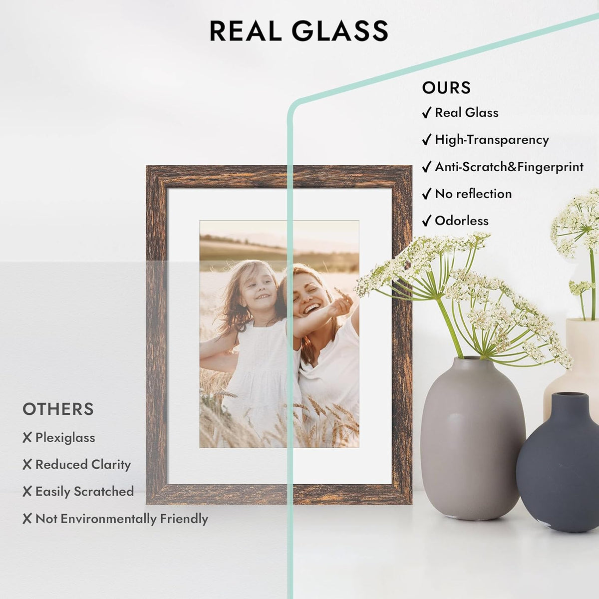 Hongkee 4x6 Picture Frame with Real Glass Wood Frame, 1 Pack (Mat 3.5x5)