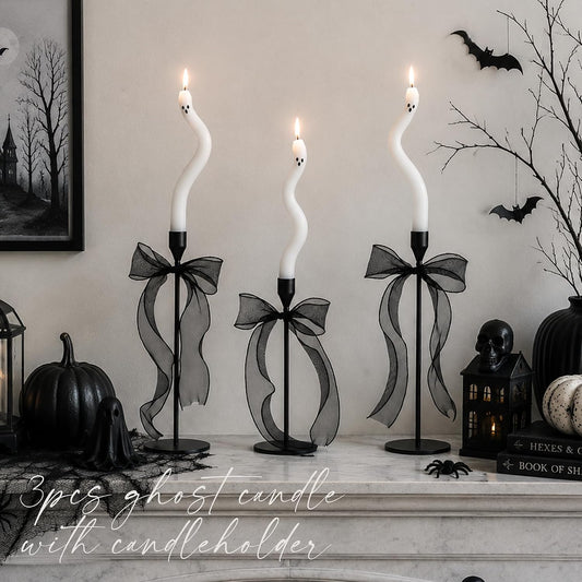 AYGXU Halloween Decorations indoor-3Pcs Twisting Ghost Candles Decor with Candle Holders,Ribbons,Vintage Candlestick Holders Decoration,Halloween centerpieces for Party Table Fireplace Decorations