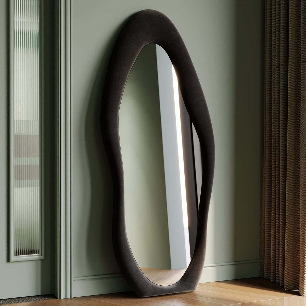 Honyee 55" x 24" Wavy Mirror, Flannel Wrapped Wooden Frame, Irregular Hanging for Cloakroom/Bedroom/Living Room, Green