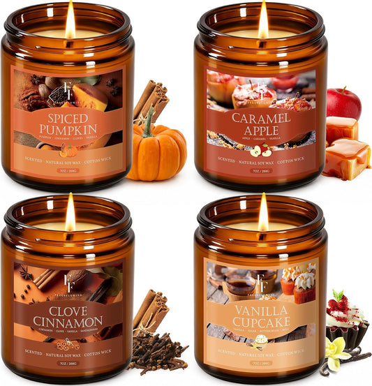 Fall Candles Set, 4 Pack Candles for Home Scented Natural Soy Wax, Autumn Gifts Set for Women Men, Fall Fragrance of Pumpkin/Cinnamon/Vanilla Cupcake/Apple